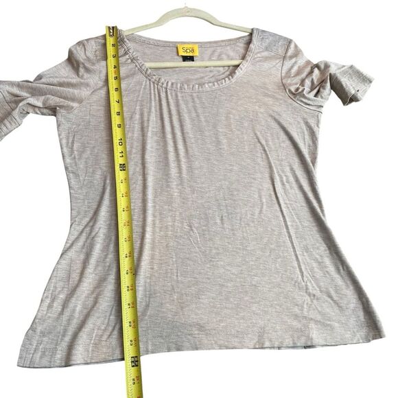 St. John Spa Women’s M Pleated Scoop Neck‎ Top Beige Gray Heather Neutral Soft - Picture 6 of 8